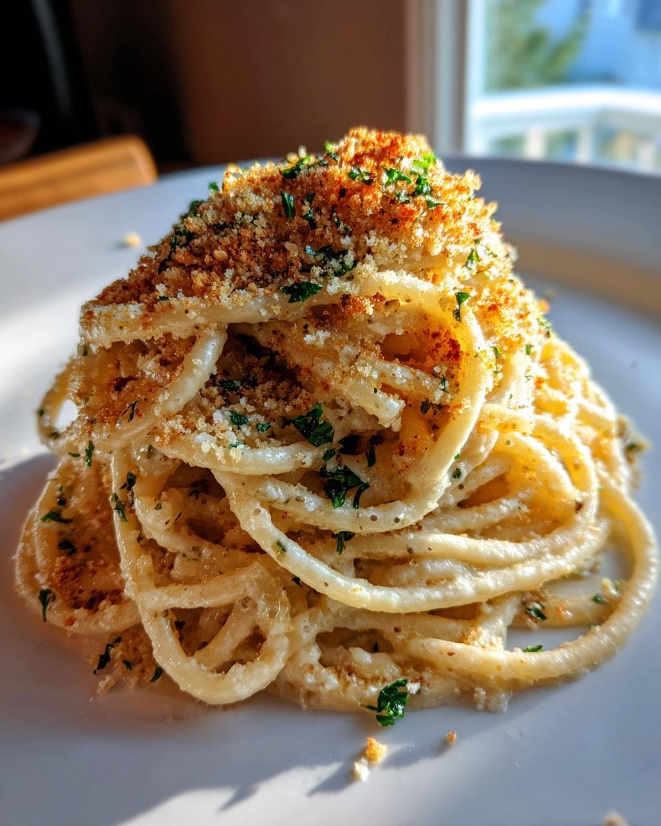 A mound of creamy Garlic Bread Pasta topped generously with toasted breadcrumbs and fresh parsley.