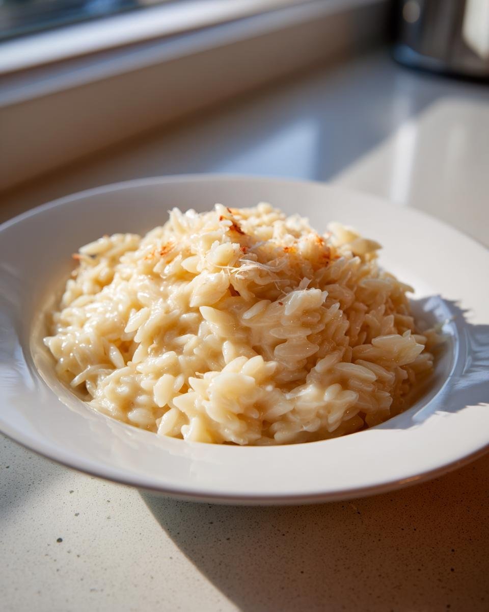 A close-up of a white bowl filled with creamy Garlic Parmesan Orzo, topped with grated cheese.