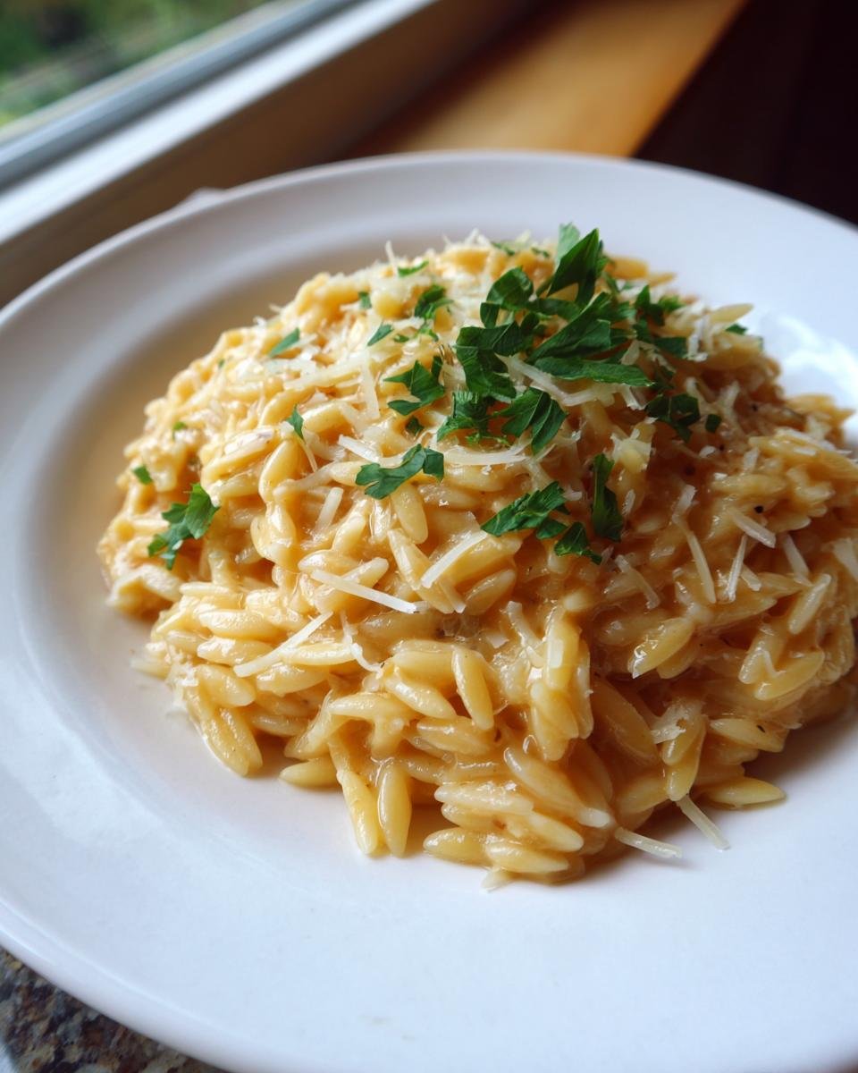 A close-up of creamy Garlic Parmesan Orzo topped with shredded cheese and fresh parsley on a white plate.