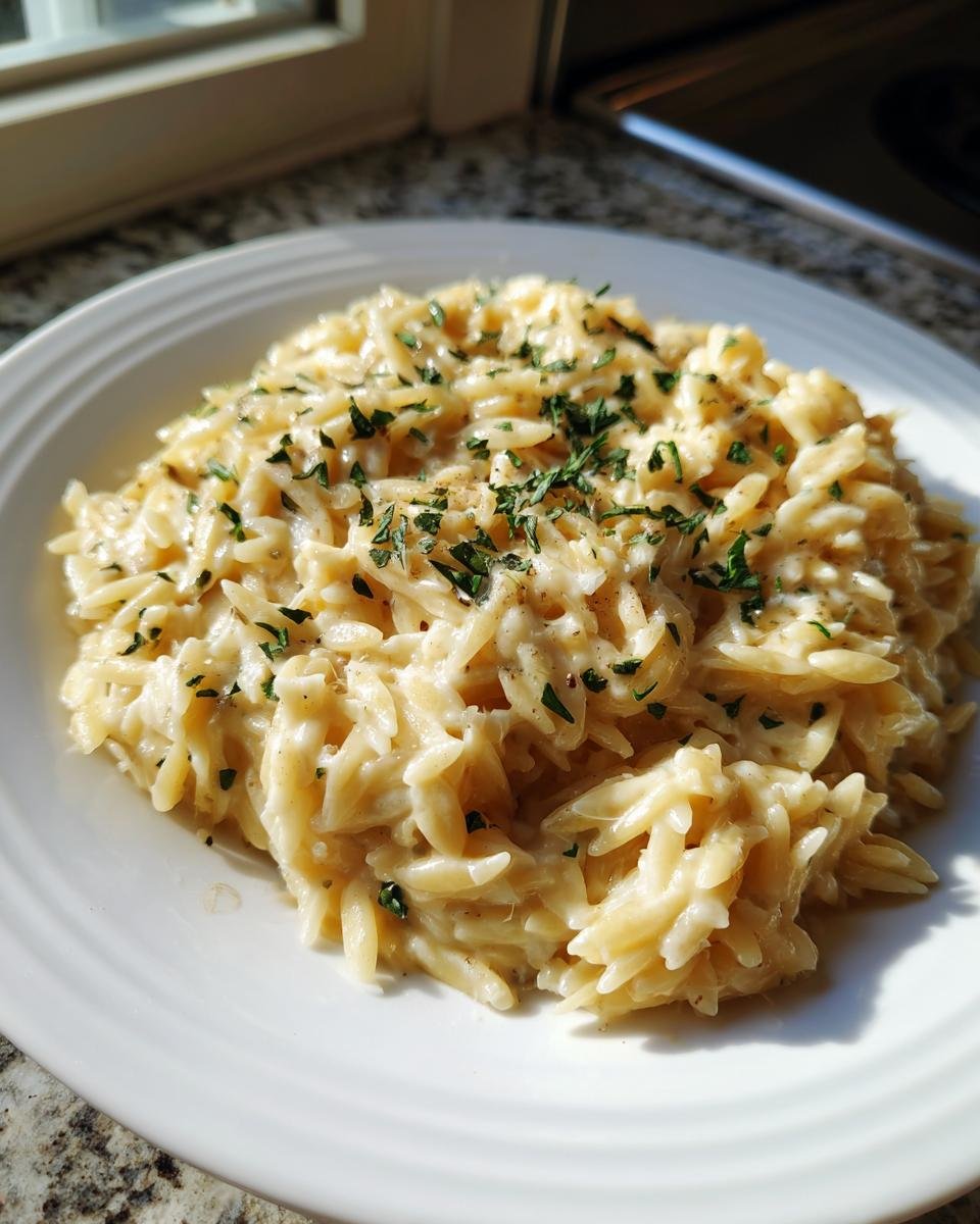 A close-up of a bowl of rich and creamy Garlic Parmesan Orzo, garnished with fresh chopped parsley.