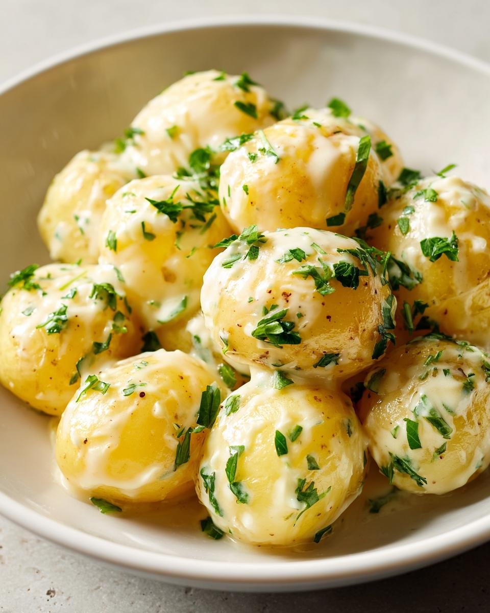 Close-up of tender baby potatoes coated in a rich, creamy garlic sauce and sprinkled with fresh parsley.