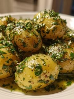 A close-up of tender baby potatoes coated in a rich, glistening Creamy Garlic Sauce and fresh parsley.