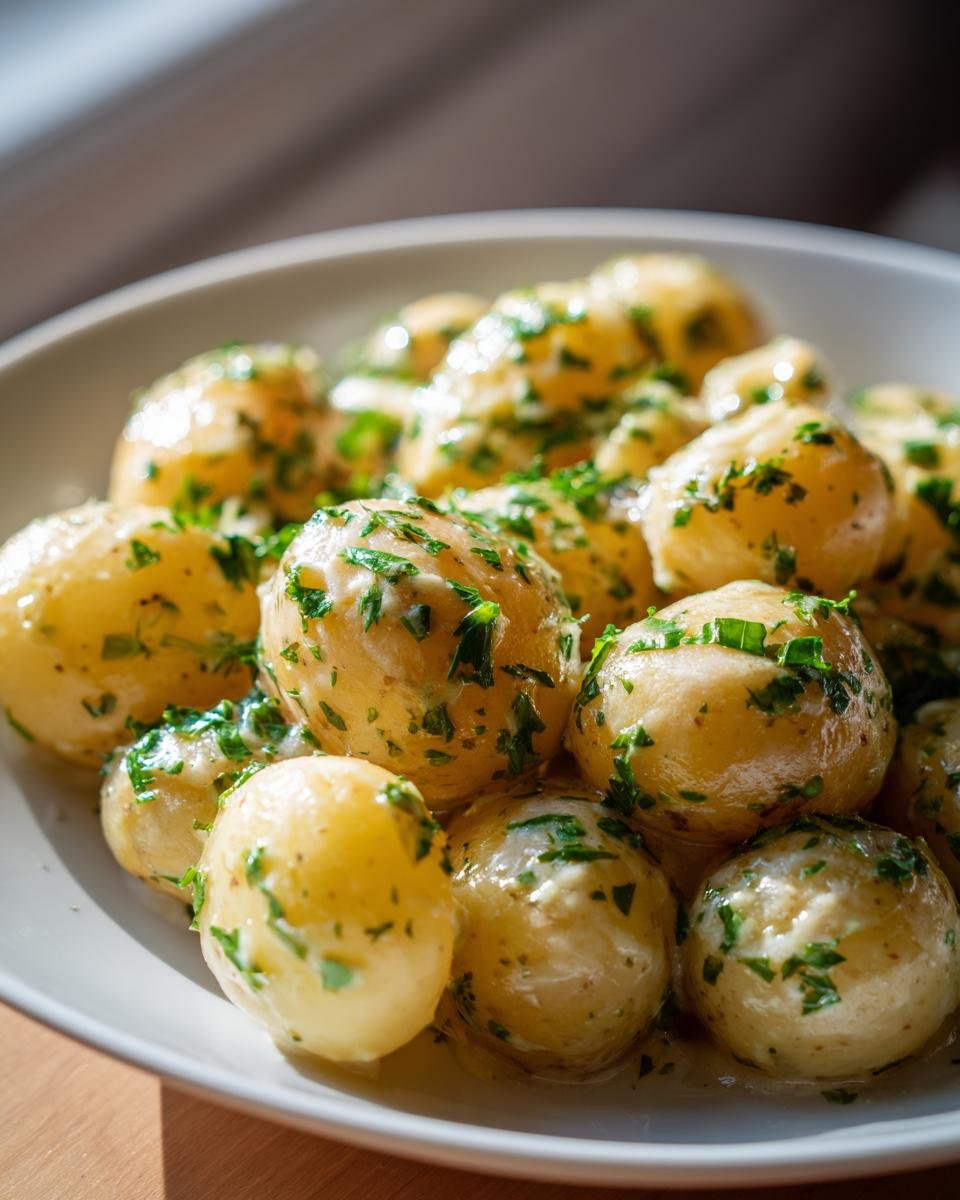 A close-up shot of tender baby potatoes coated in a rich, creamy garlic sauce and fresh parsley.