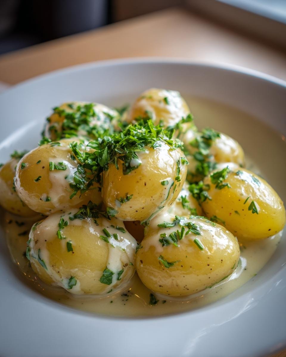Close-up of tender baby potatoes coated in a rich Creamy Garlic Sauce and topped with fresh chopped parsley.