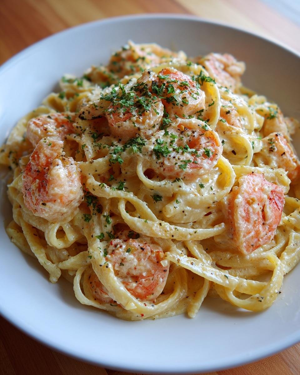 Close-up of a white bowl filled with Creamy Garlic Shrimp Pasta, topped with pink shrimp and fresh parsley.