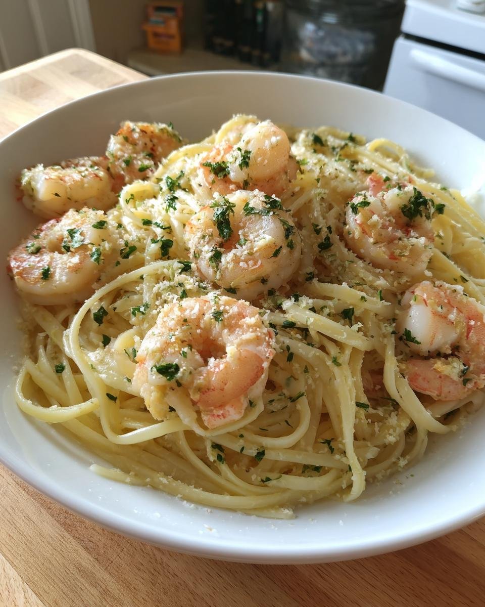Close-up of a white bowl filled with Creamy Garlic Shrimp Pasta, topped with large shrimp and grated cheese.