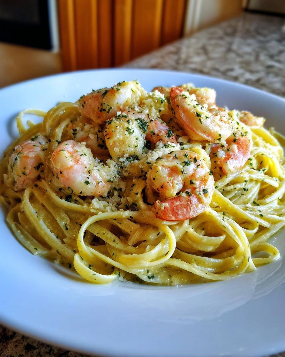 A close-up of a serving of Creamy Garlic Shrimp Pasta featuring linguine coated in a rich sauce, topped with seasoned shrimp and grated Parmesan.