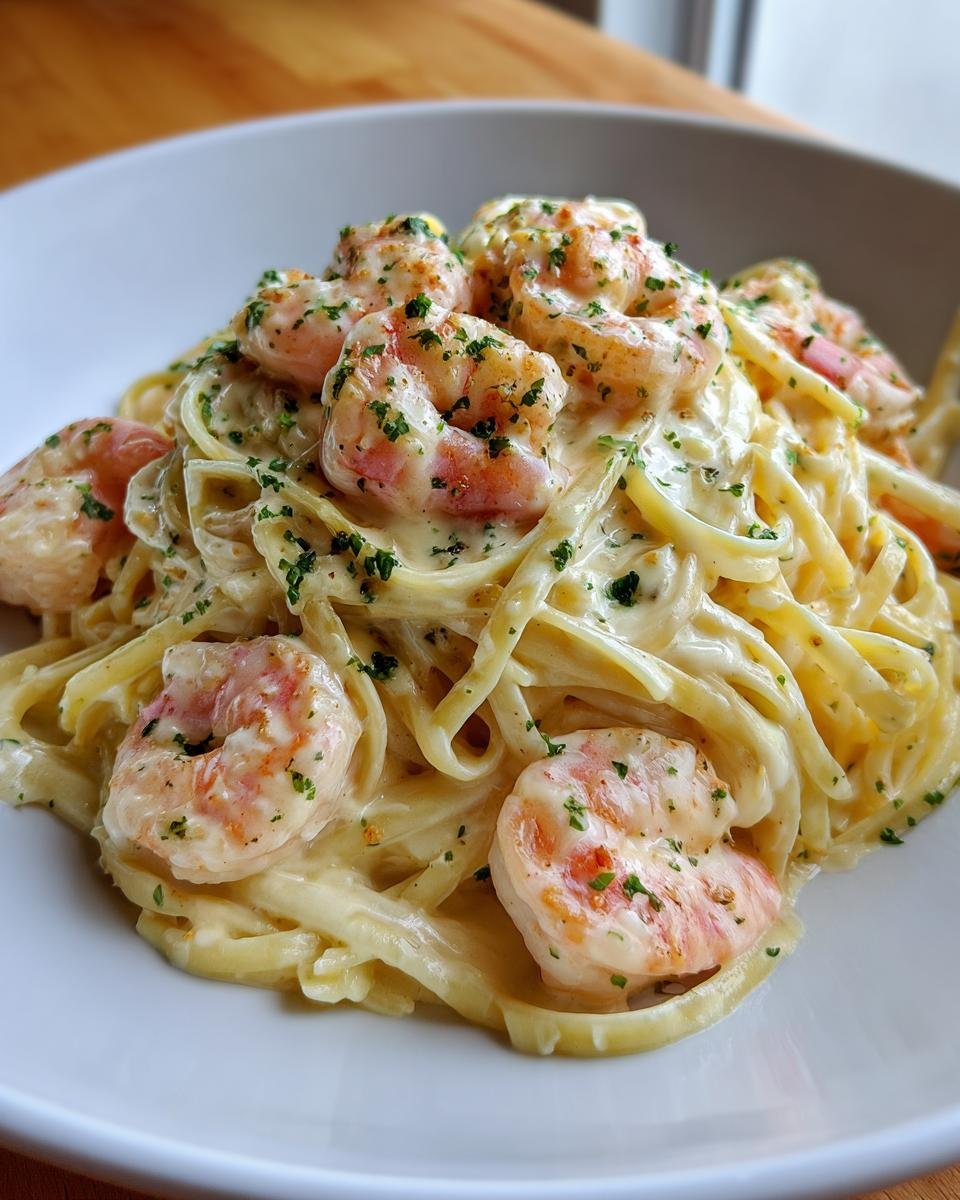 A close-up of rich Creamy Garlic Shrimp Pasta tossed in a thick, white sauce and garnished with fresh parsley.