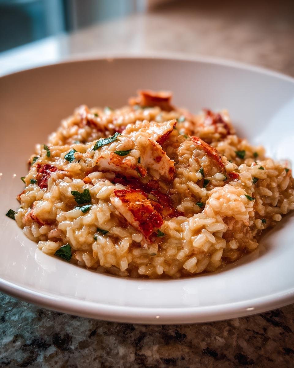 A close-up of rich, creamy lobster risotto topped with bright red chunks of lobster meat and fresh parsley.