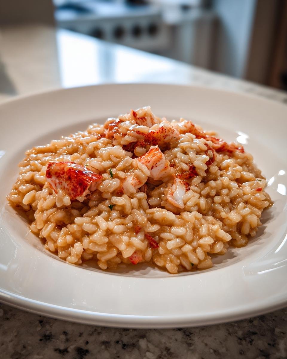 Close-up of a serving of rich, creamy lobster risotto topped with chunks of bright red lobster meat.