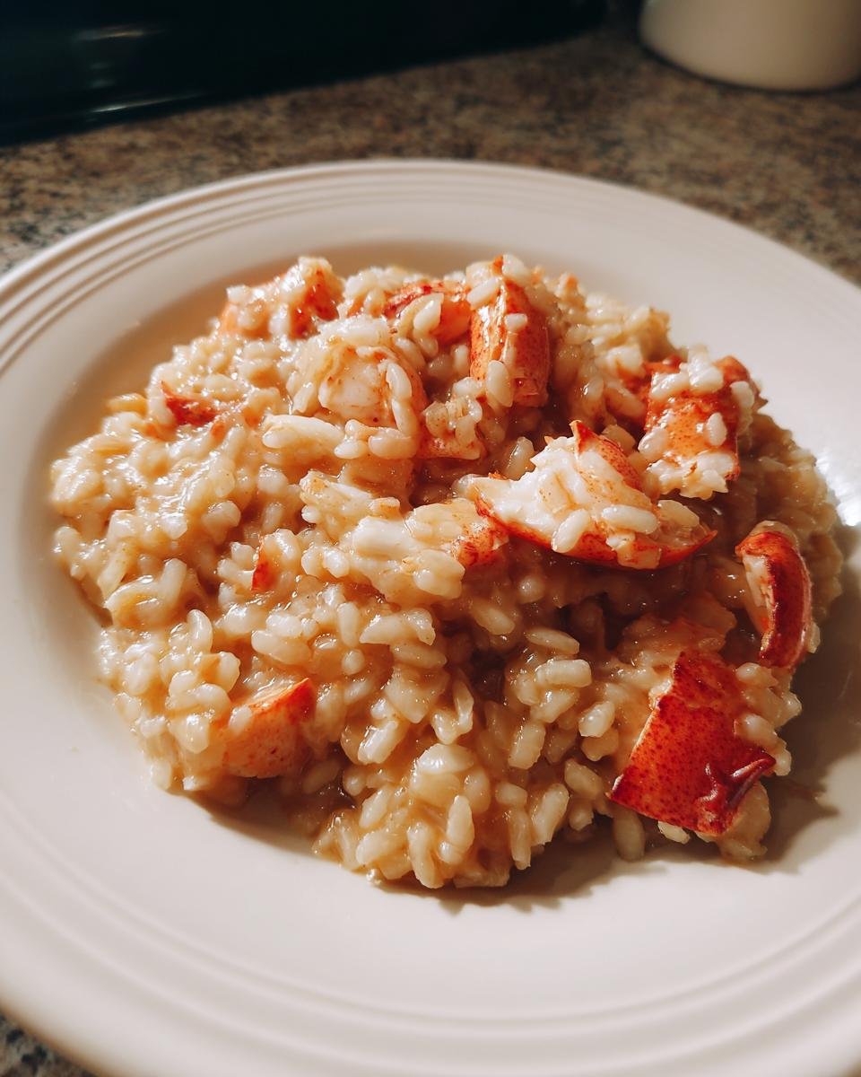 A close-up of a serving of rich and creamy lobster risotto topped with chunks of bright red lobster meat.