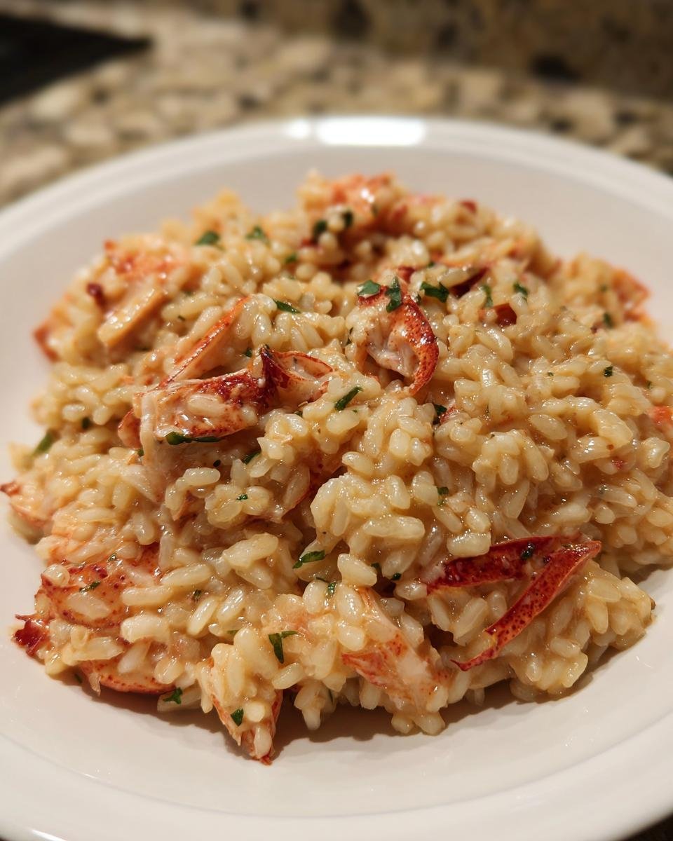 Close-up of a bowl filled with rich, creamy lobster risotto studded with bright red chunks of lobster meat.