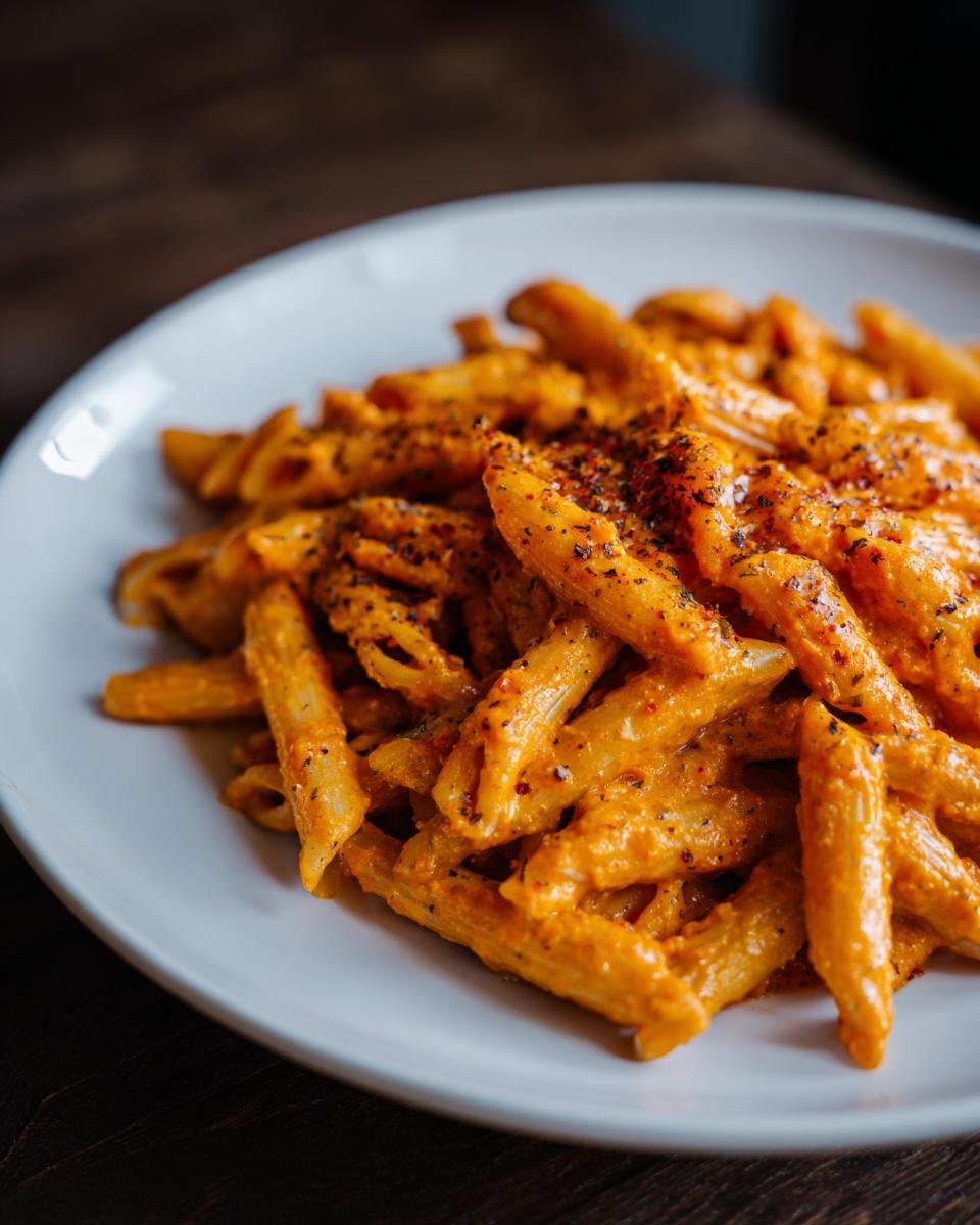 Close-up of penne pasta coated in a rich, creamy Roasted Red Pepper Pasta sauce, topped with seasoning.