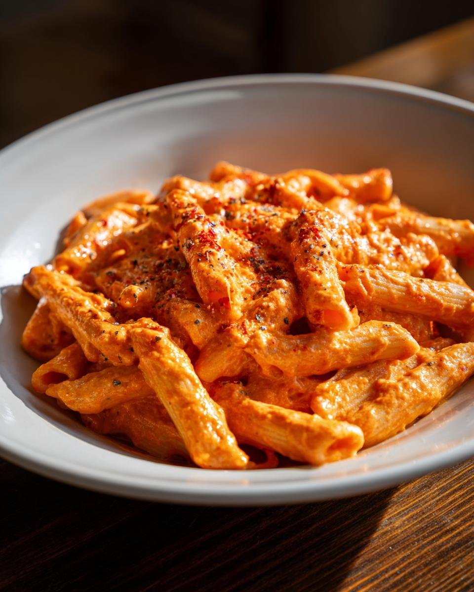 Close-up of creamy Roasted Red Pepper Pasta (penne) topped with spices in a white bowl.