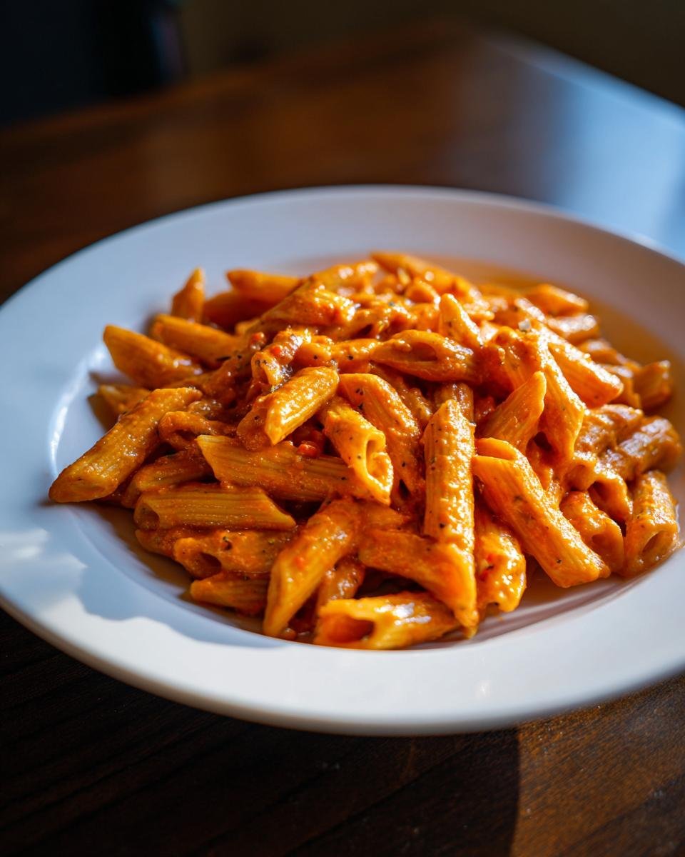 A close-up of penne pasta coated in a creamy, orange-hued Roasted Red Pepper Pasta sauce served on a white plate.