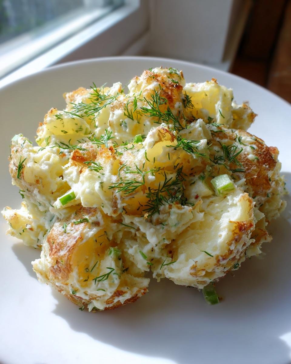 A close-up of creamy Smashed Potato Salad, featuring smashed, roasted potatoes coated in dressing and topped with fresh dill.