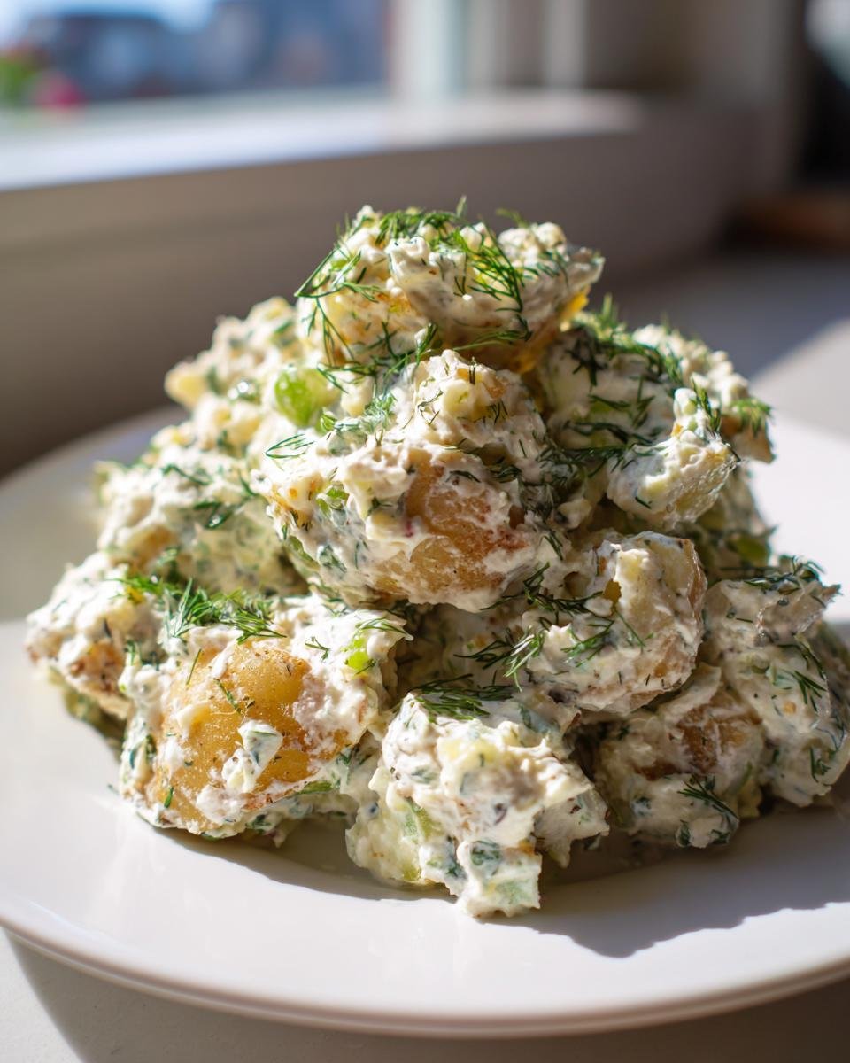 A mound of creamy Smashed Potato Salad mixed with herbs and generously topped with fresh dill, served on a white plate.