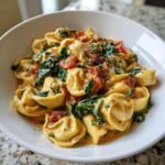 A close-up of a bowl filled with creamy spinach tomato tortellini, coated in a rich sauce and topped with herbs.