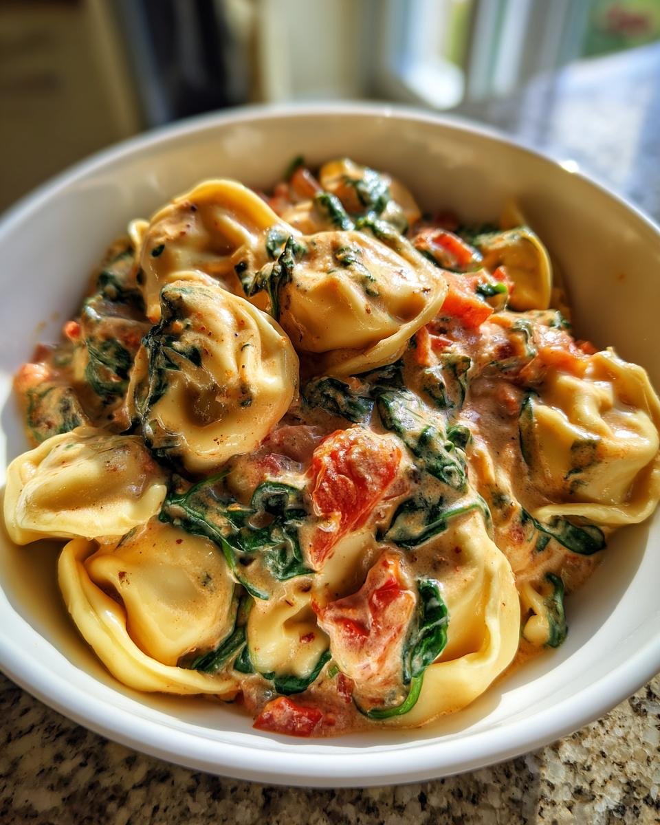 Close-up of a white bowl filled with Creamy Spinach Tomato Tortellini in a rich, pinkish-orange sauce.