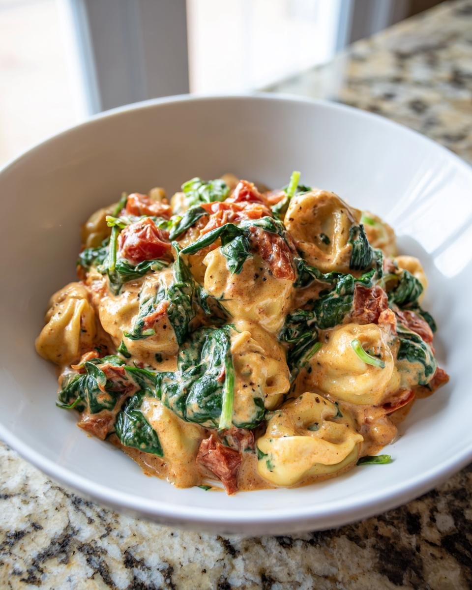 Close-up of a white bowl filled with Creamy Spinach Tomato Tortellini, featuring rich sauce, wilted spinach, and sun-dried tomatoes.