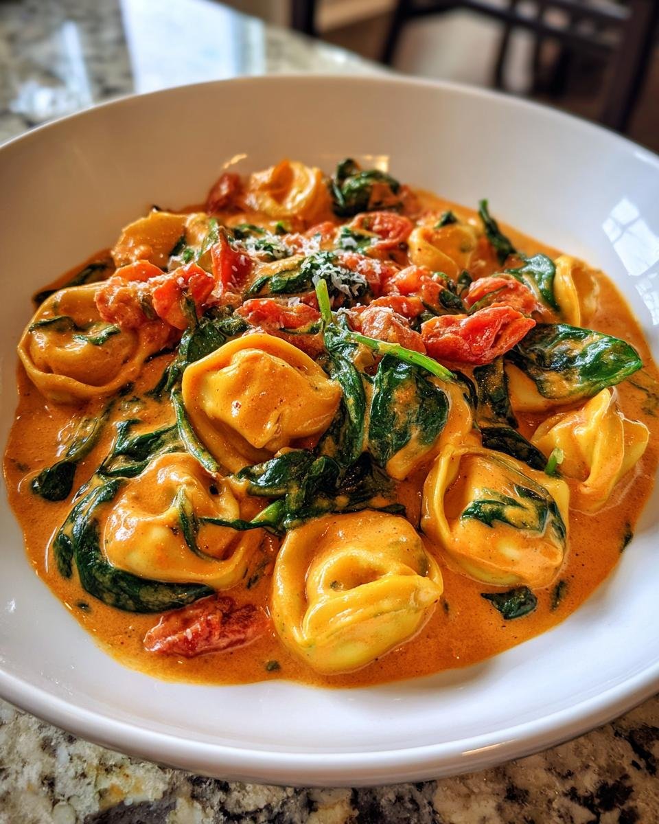 Close-up of tortellini pasta coated in a rich, creamy spinach tomato sauce, garnished with cheese.