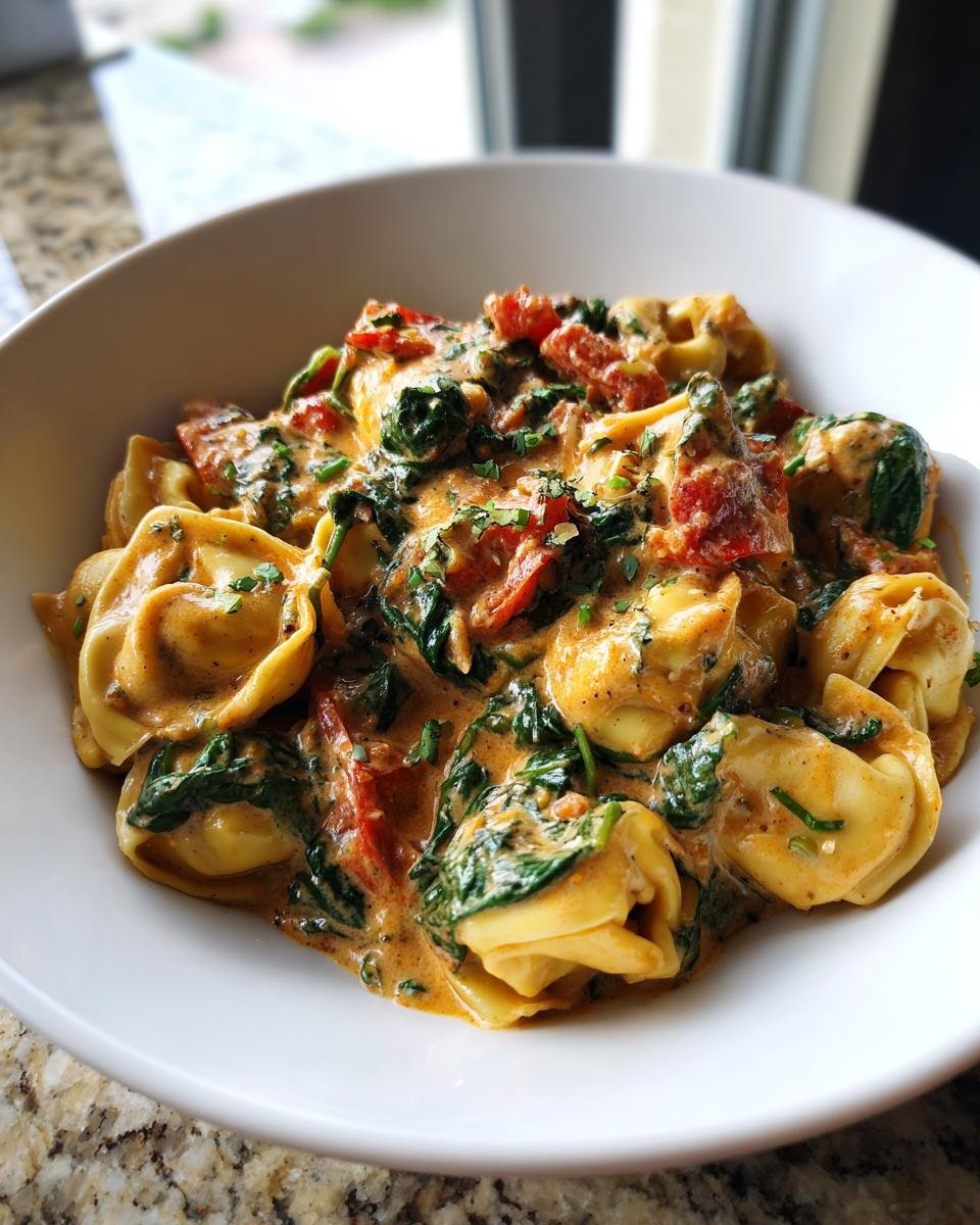 A close-up of a white bowl filled with Creamy Spinach Tomato Tortellini, coated in a rich orange sauce with visible spinach and diced tomatoes.