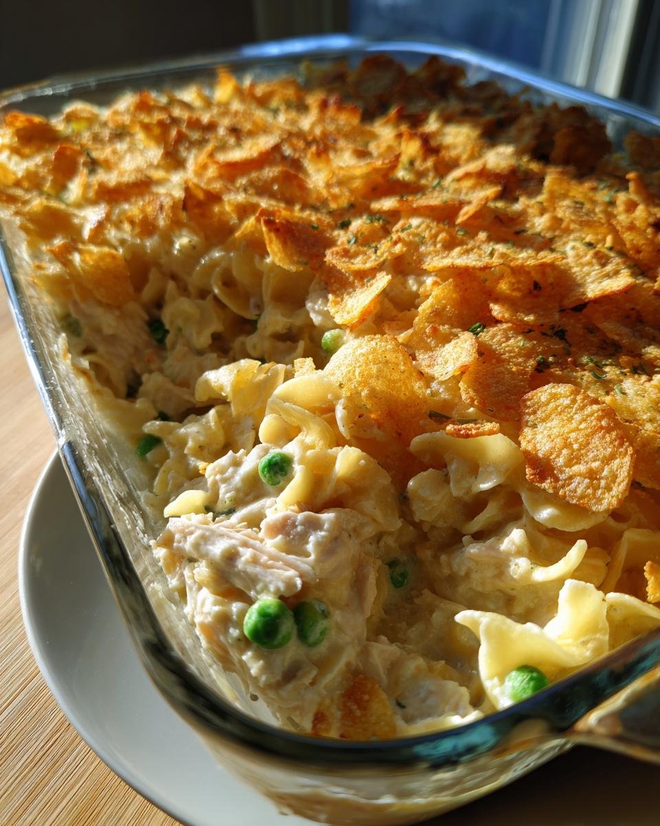 Close-up of creamy Tuna Noodle Casserole in a glass dish, featuring egg noodles, peas, and a crunchy cornflake topping.