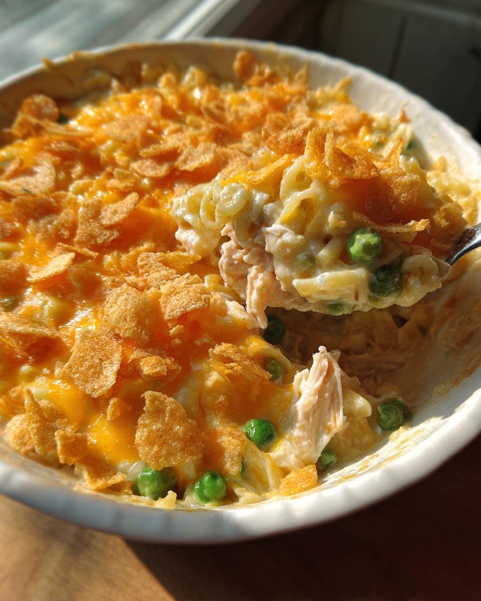A spoonful of creamy Tuna Noodle Casserole featuring tuna, peas, and pasta, topped with melted cheese and crunchy cornflakes.
