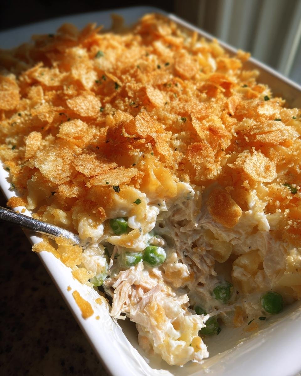 A spoonful being lifted from a white baking dish of creamy Tuna Noodle Casserole with peas and a golden, crunchy topping.