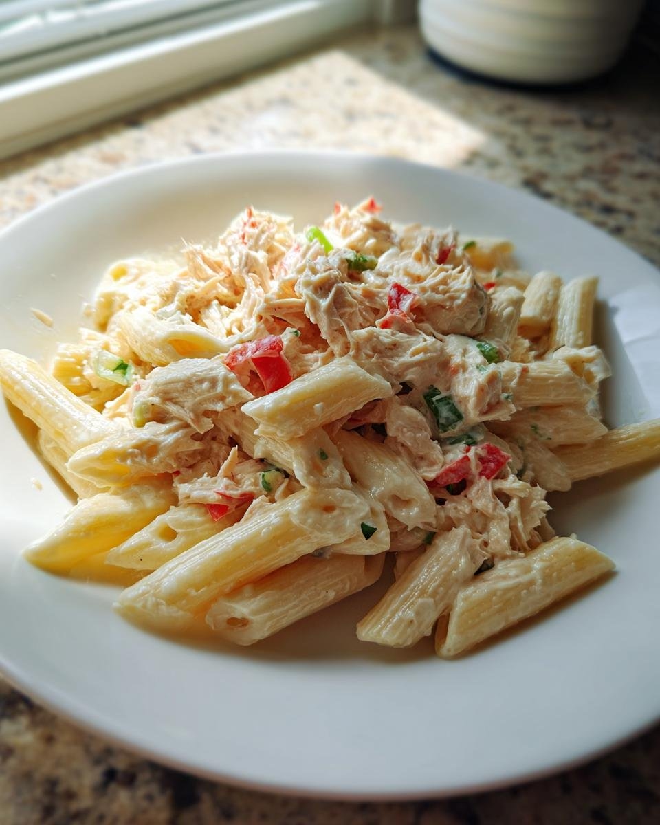 Close-up of creamy Tuna Pasta Recipe with penne pasta, shredded tuna, and diced red peppers on a white plate.