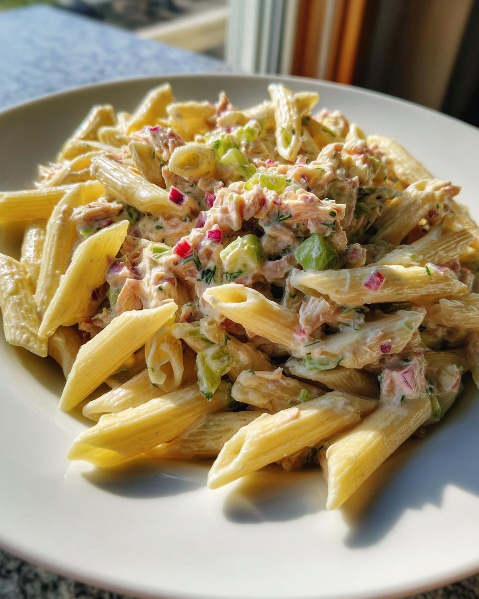 Close-up of a creamy Tuna Pasta Recipe featuring penne pasta, chunks of tuna, celery, and red onion.