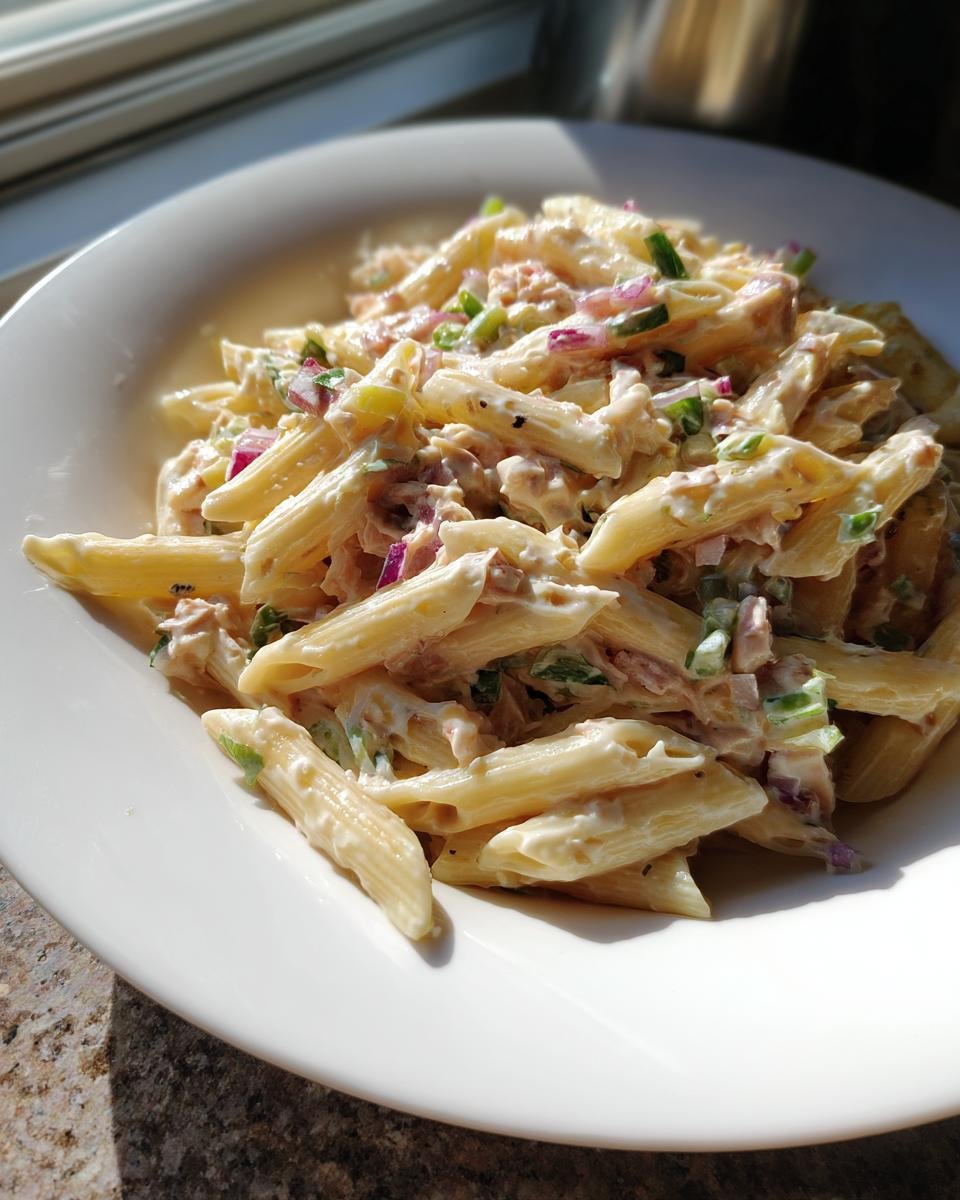 A bowl of creamy Tuna Pasta Recipe mixed with chunks of tuna, red onion, and green scallions, served in a white bowl.