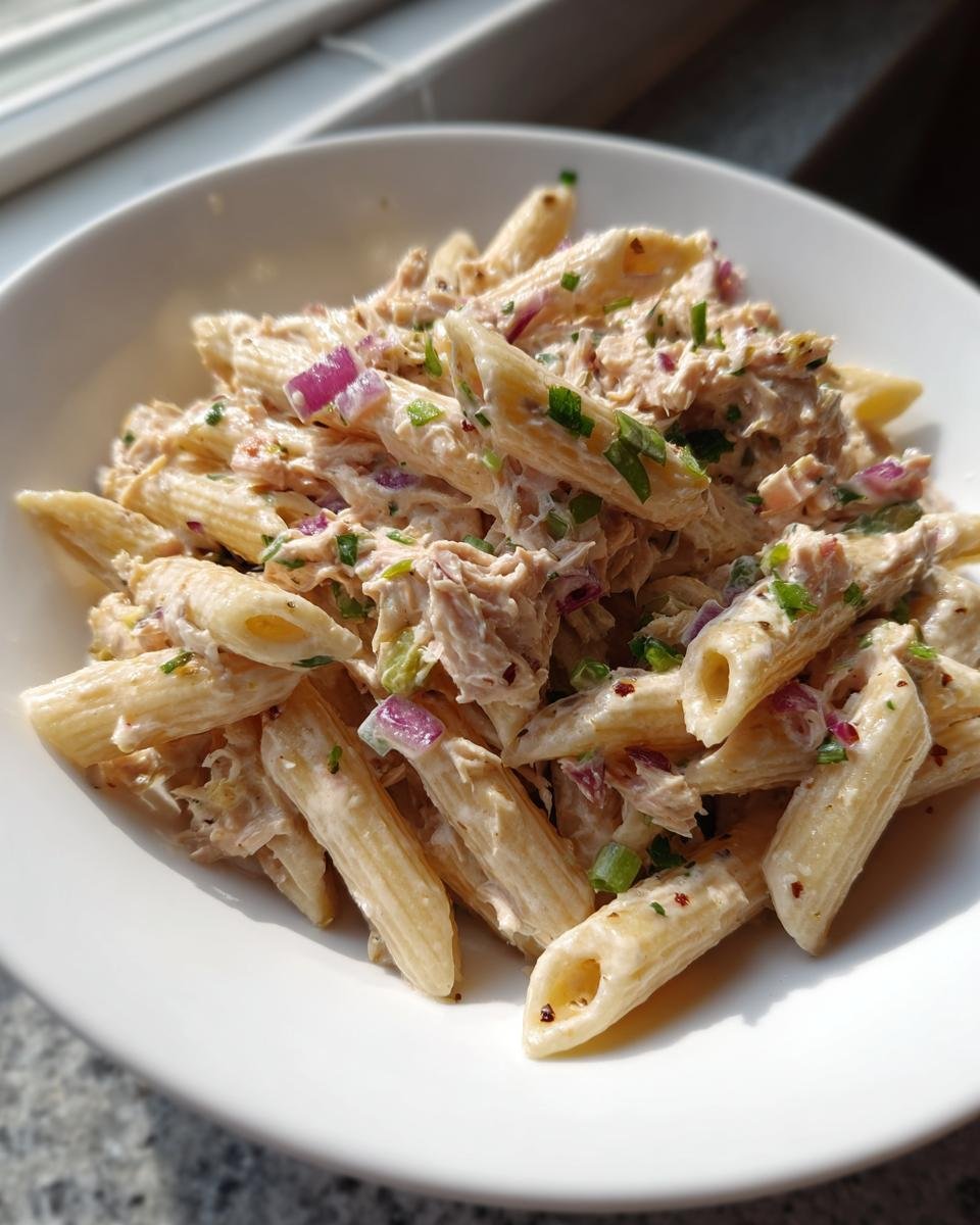 Close-up of a creamy Tuna Pasta Recipe featuring penne pasta, flaked tuna, red onion, and green herbs in a white bowl.