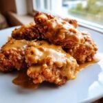 Close-up of crispy fried chicken pieces generously covered in rich Thai Peanut Chicken sauce on a white plate.