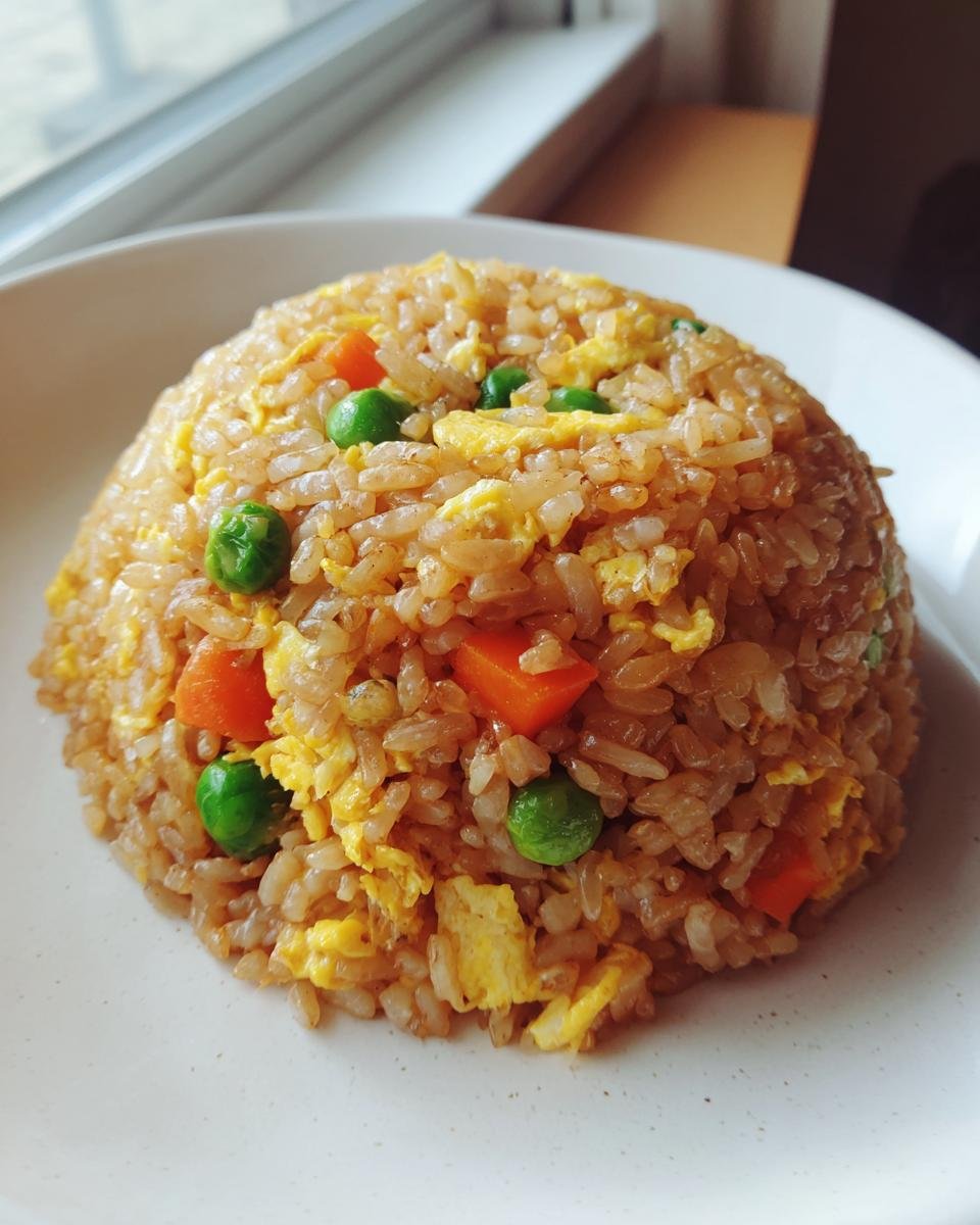 A dome-shaped serving of classic Egg Fried Rice with visible scrambled egg, peas, and carrots on a white plate.