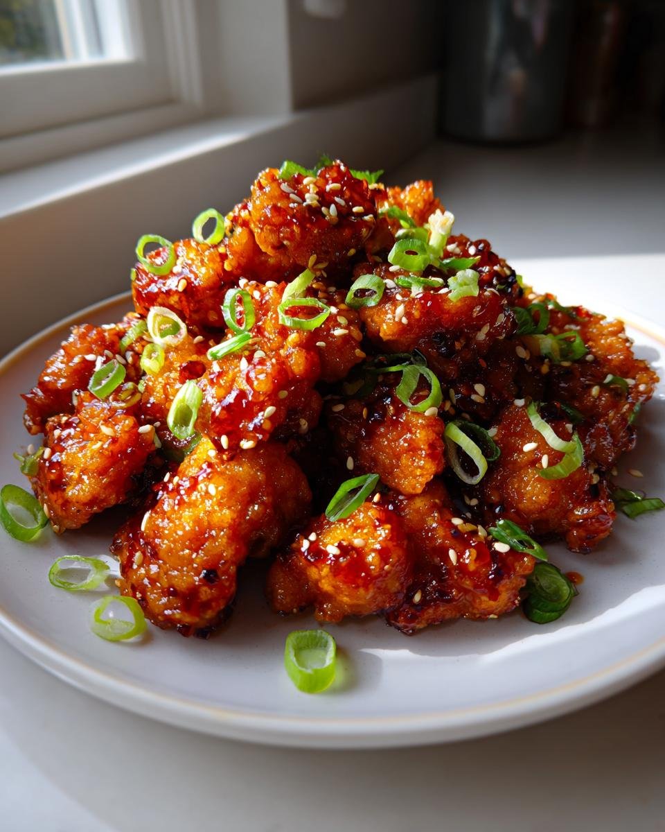 A mound of sticky, glazed Firecracker Chicken pieces garnished with sesame seeds and sliced green onions.