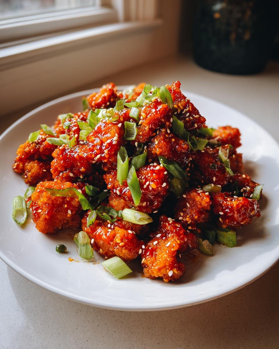 A white plate piled high with crispy, glazed Firecracker Chicken pieces, topped with sesame seeds and sliced green onions.