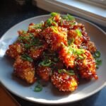 A plate piled high with crispy Firecracker Chicken pieces coated in a glossy, spicy sauce and topped with sesame seeds and green onions.