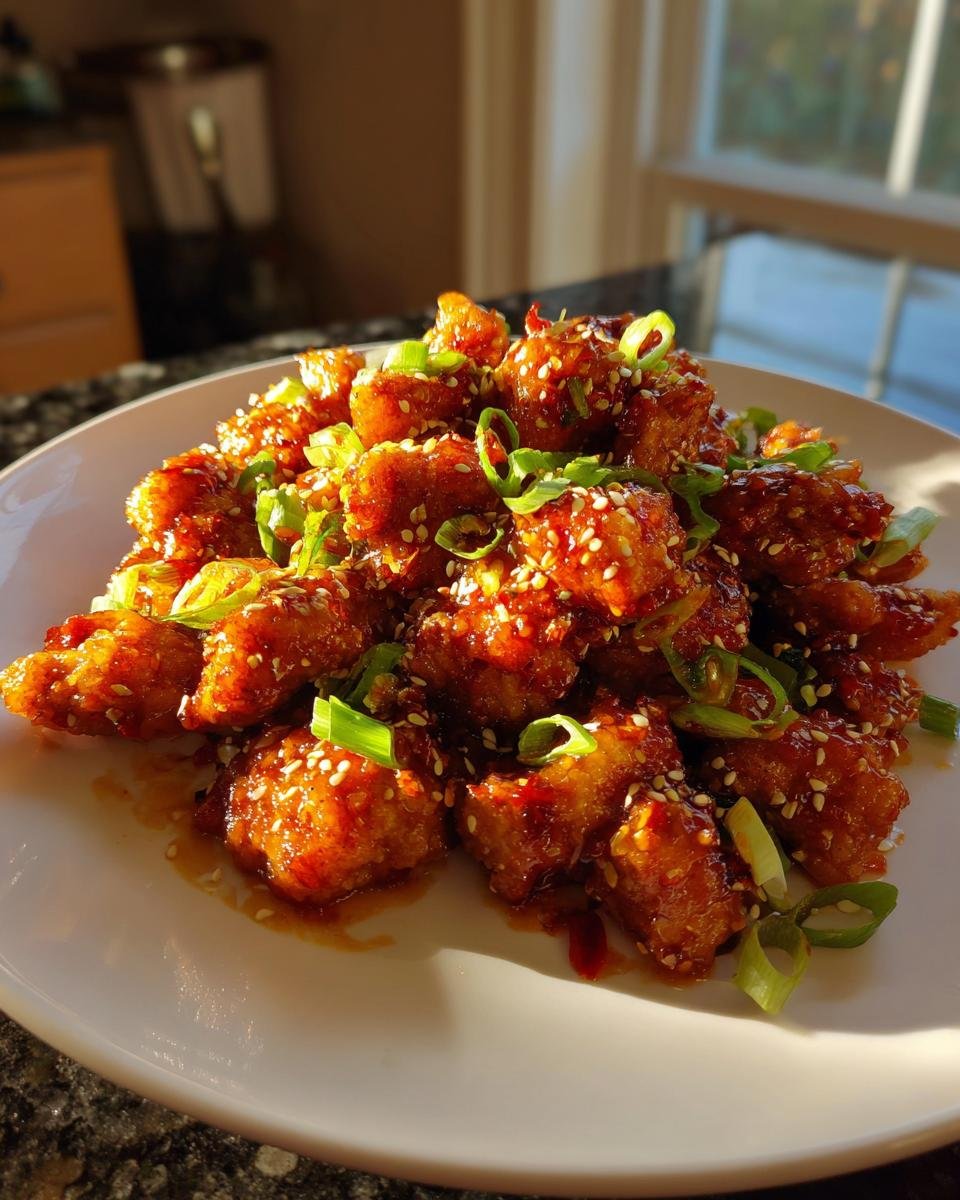 A mound of crispy Firecracker Chicken coated in a sticky, spicy glaze, garnished with sesame seeds and sliced green onions.