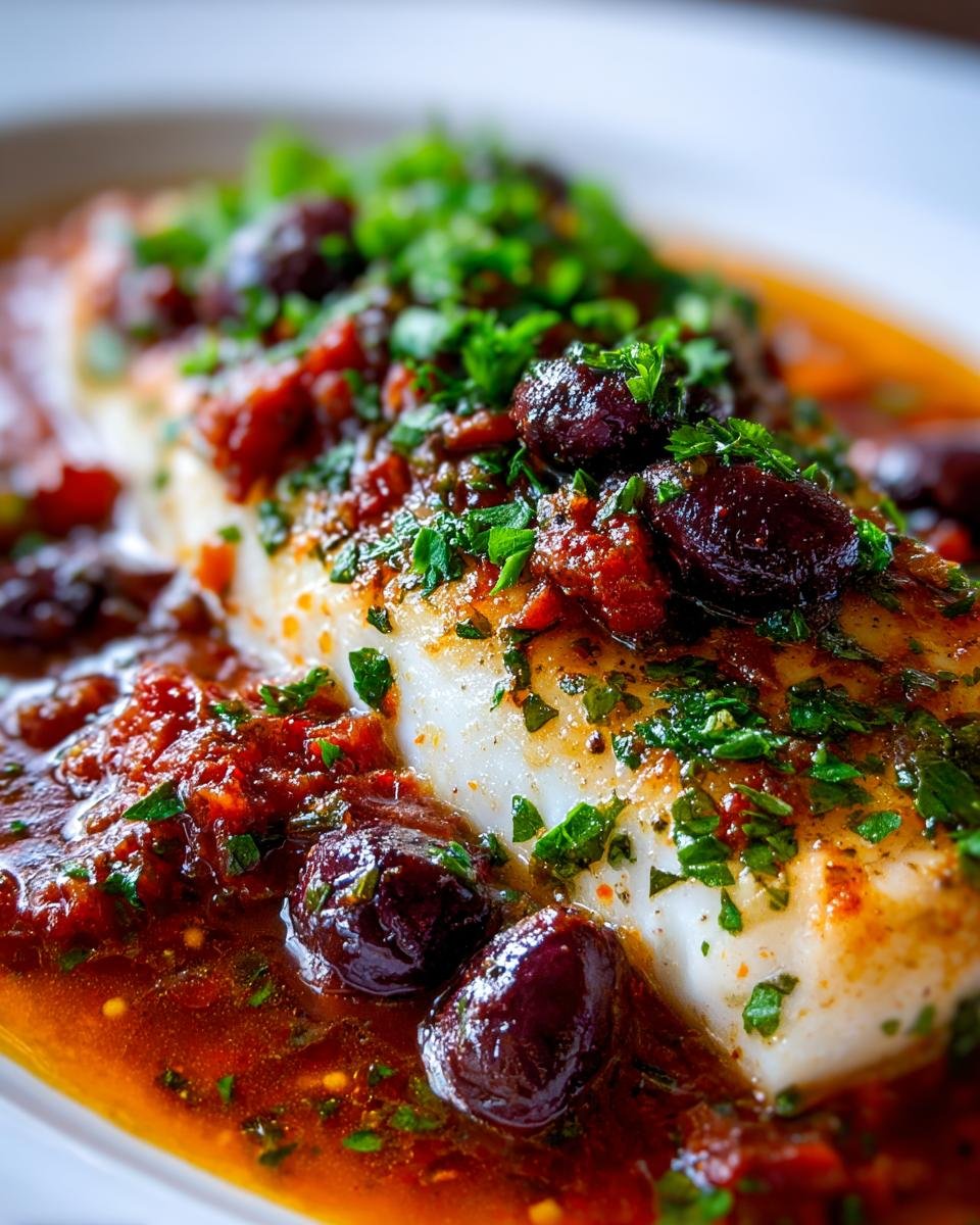 A close-up of a white fish fillet served in a rich, red sauce with whole Kalamata olives and fresh parsley, showcasing the Fish Puttanesca.