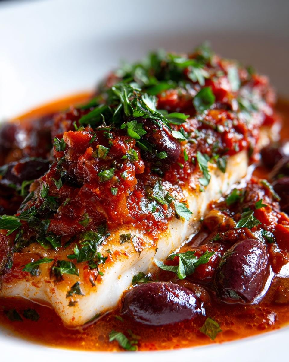Close-up of a perfectly cooked white fish fillet topped with rich tomato sauce, Kalamata olives, and fresh parsley for Fish Puttanesca.