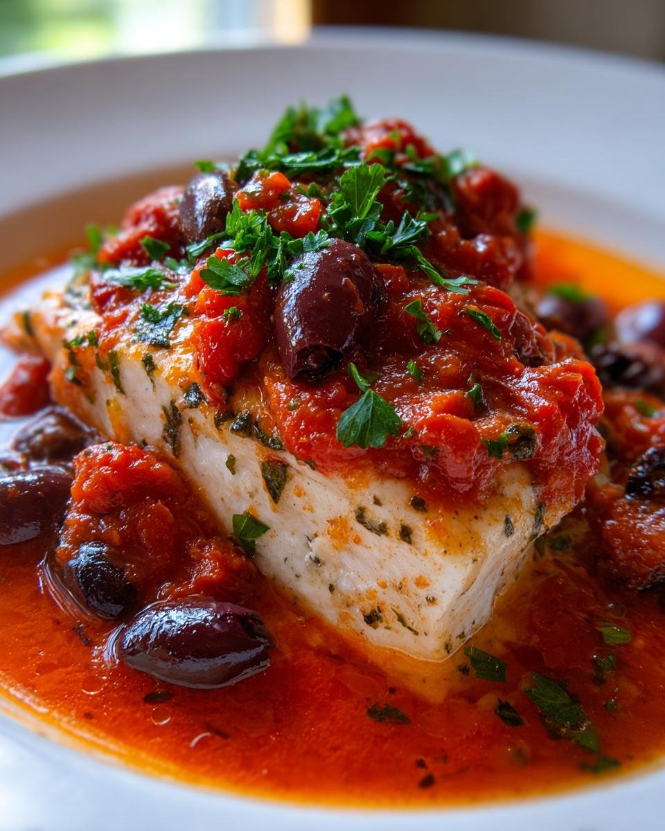 Close-up of a thick white fish fillet topped with rich tomato sauce, Kalamata olives, and fresh parsley, served in a vibrant sauce.