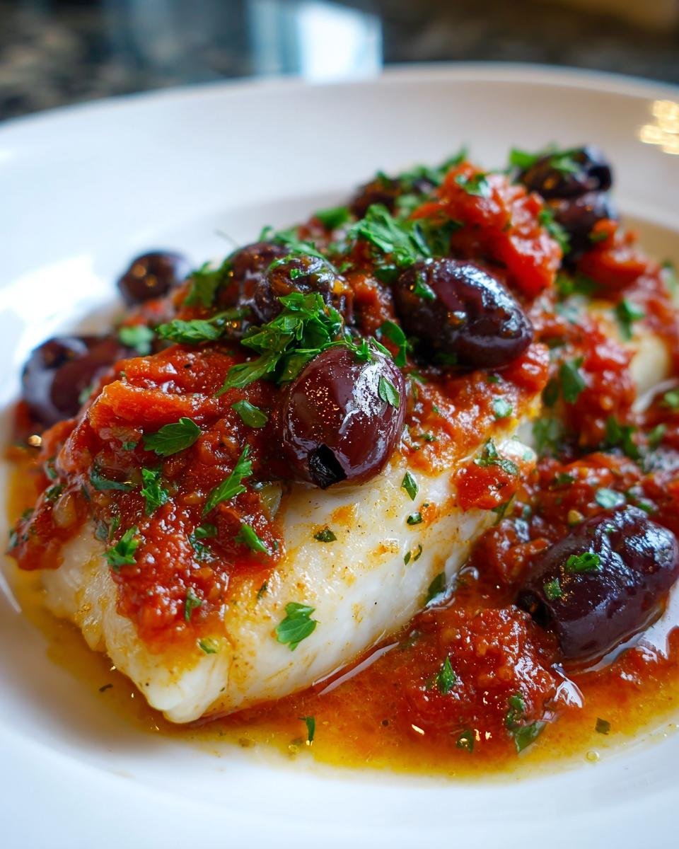 A close-up of a flaky white fish fillet topped with rich tomato sauce, whole Kalamata olives, and fresh parsley, ready to eat as Fish Puttanesca.