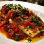 A perfectly cooked fillet of white fish topped with rich tomato sauce, Kalamata olives, and fresh parsley for Fish Puttanesca.