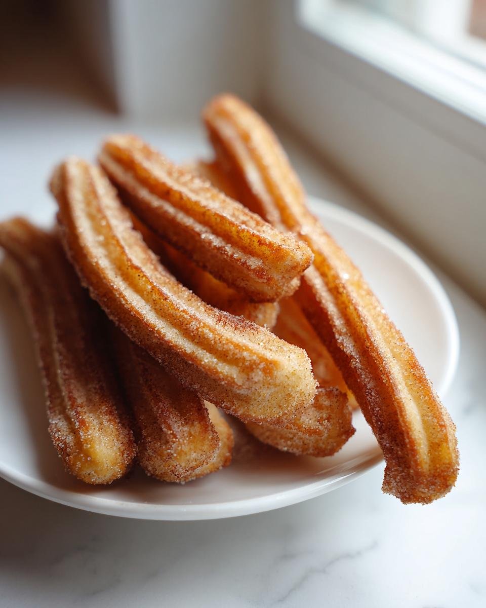 A close-up of several golden-brown churros dusted heavily with cinnamon sugar, piled on a white plate.