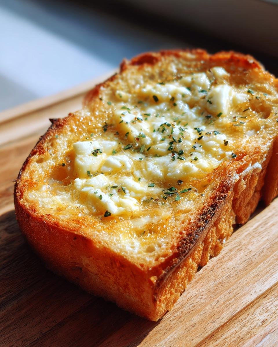Close-up of a thick slice of golden brown Garlic Bread With Sliced Bread topped with melted butter and herbs.