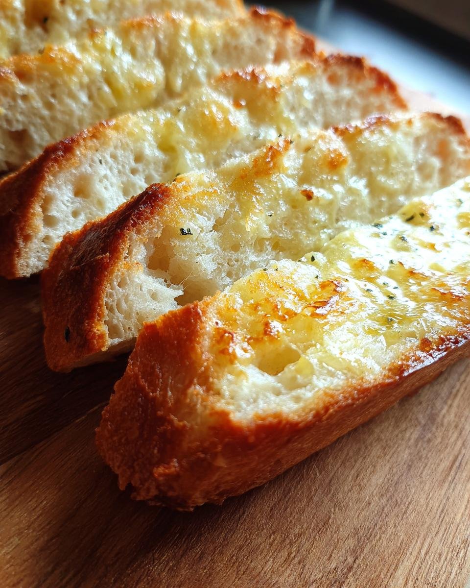Close-up of four golden-brown slices of Garlic Bread With Sliced Bread, glistening with melted butter and herbs, resting on a wooden cutting board.