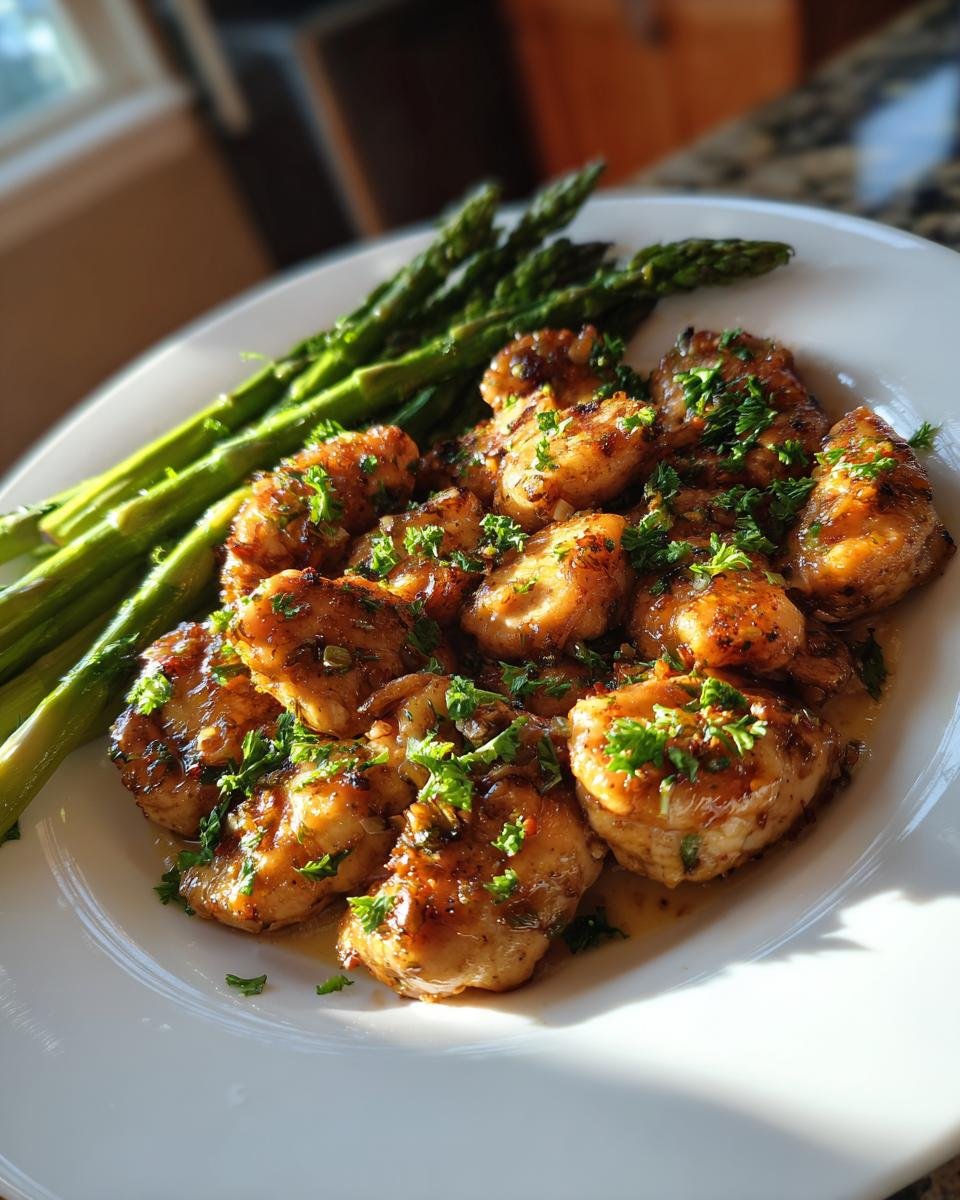 A white plate featuring golden Garlic Butter Chicken Bites drizzled with sauce and topped with parsley, served alongside bright green asparagus spears.