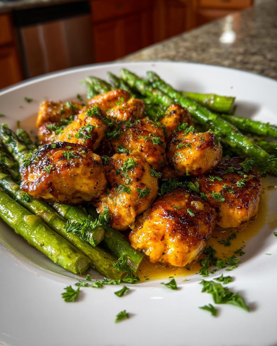 Close-up of Garlic Butter Chicken Bites and bright green asparagus spears on a white plate.