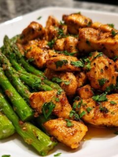 A white plate featuring golden Garlic Butter Chicken Bites And Asparagus, garnished with fresh parsley.